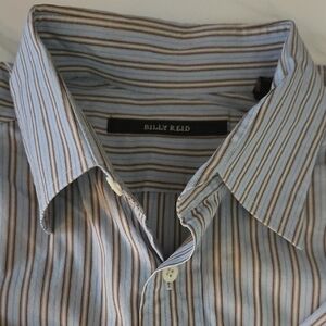 Billy Reid Men's Blue and Brown Striped Shirt